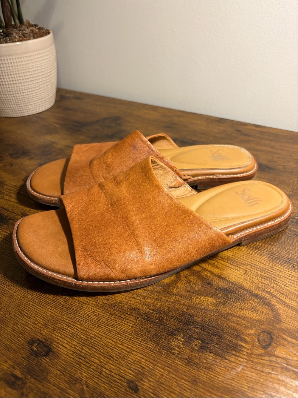 Sofft Noble Slide Sandals Tan Leather Open-Toe Slide Sandals - Women 10